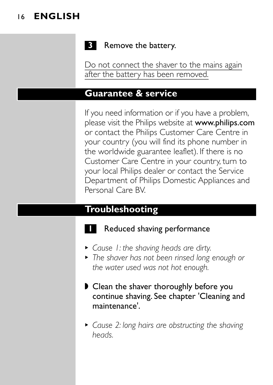 Guarantee & service, Troubleshooting, English | Philips Rasoir électrique User Manual | Page 14 / 120