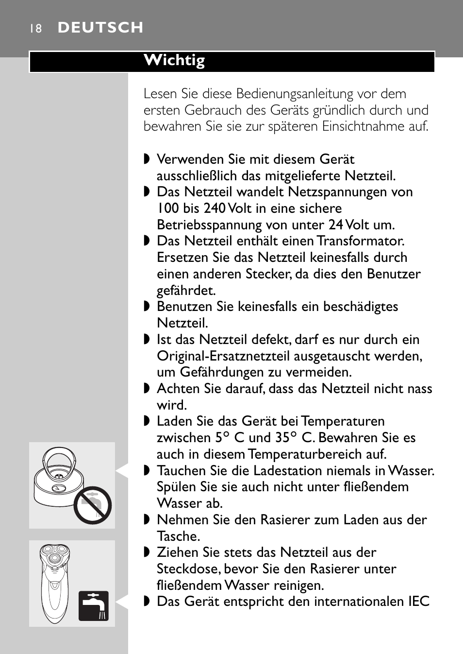 Deutsch 18 | Philips Rasoir électrique User Manual | Page 16 / 120