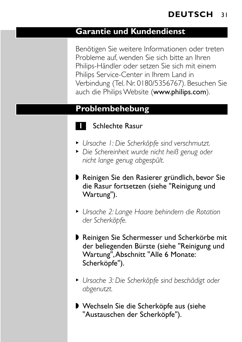 Garantie und kundendienst, Problembehebung, Deutsch | Philips Rasoir électrique User Manual | Page 29 / 120