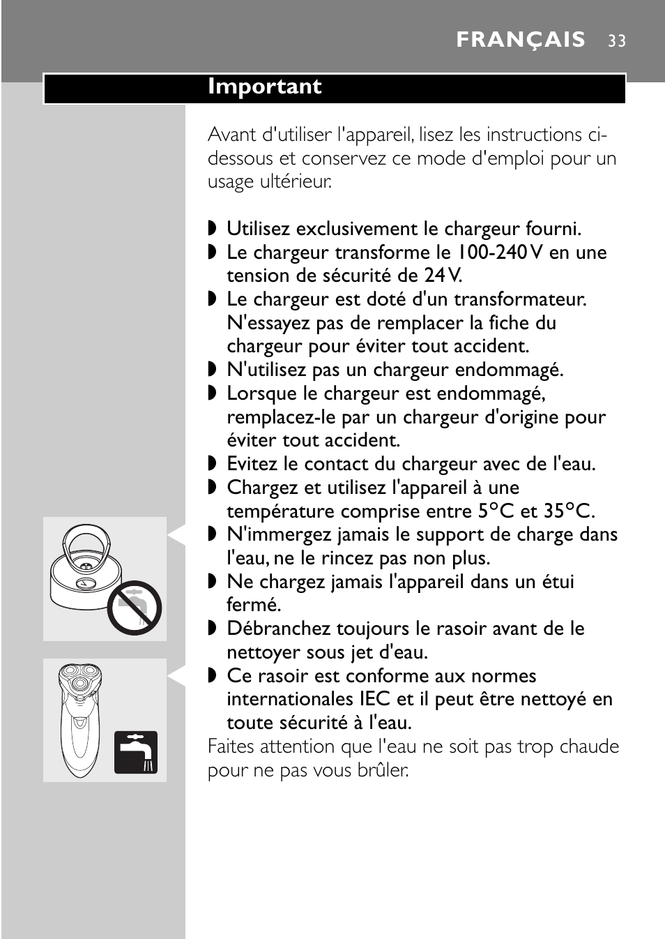 Français 33 | Philips Rasoir électrique User Manual | Page 31 / 120