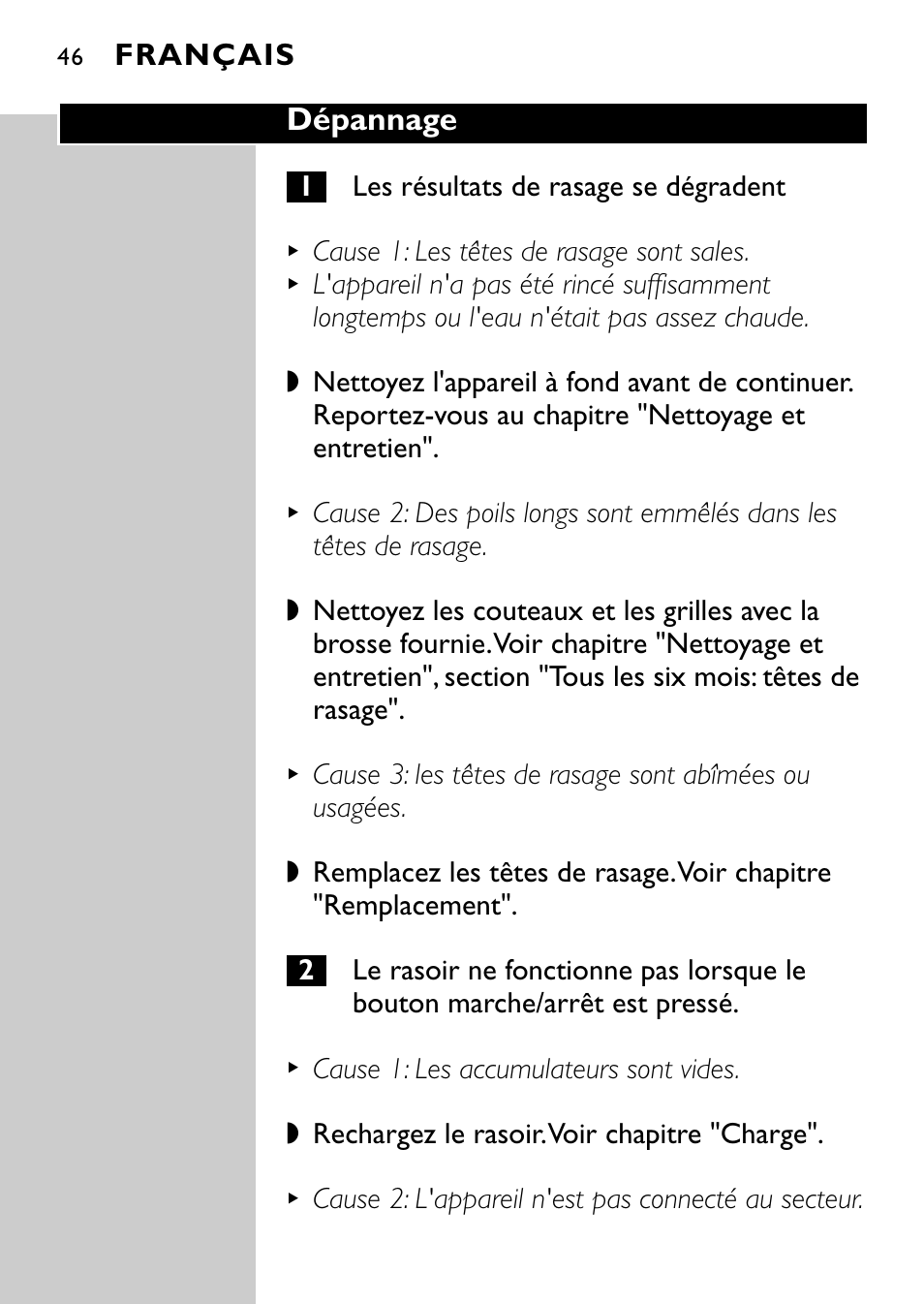 Dépannage, Français | Philips Rasoir électrique User Manual | Page 44 / 120