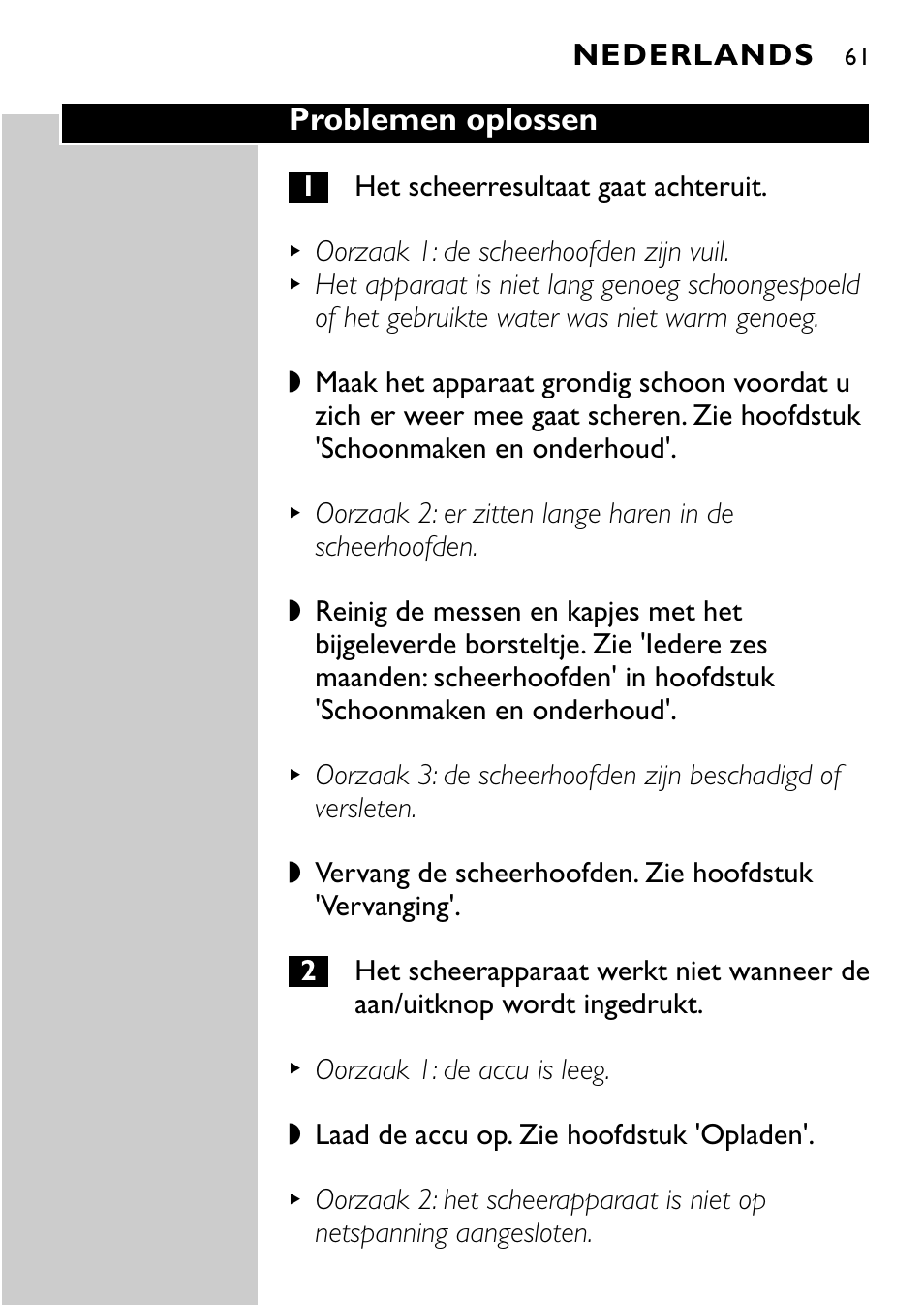 Problemen oplossen, Nederlands | Philips Rasoir électrique User Manual | Page 59 / 120