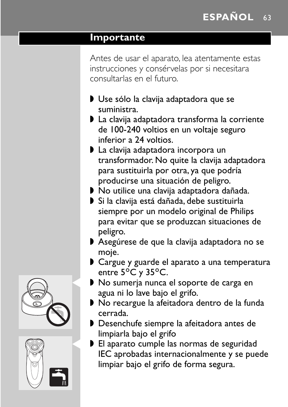 Español 63 | Philips Rasoir électrique User Manual | Page 61 / 120