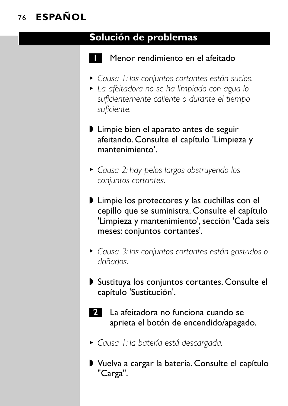 Solución de problemas, Español | Philips Rasoir électrique User Manual | Page 74 / 120