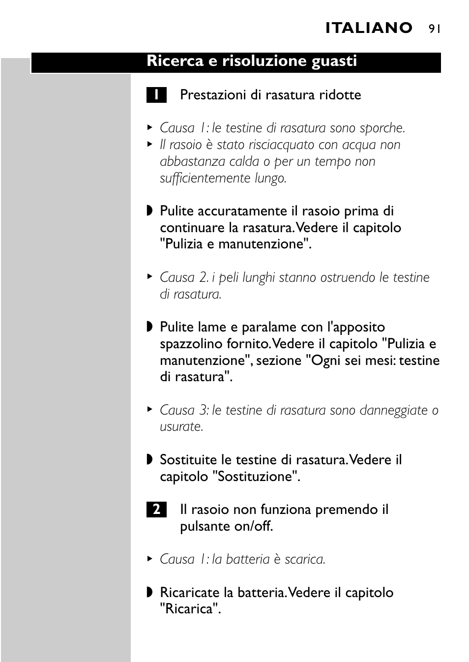 Ricerca e risoluzione guasti, Italiano | Philips Rasoir électrique User Manual | Page 89 / 120