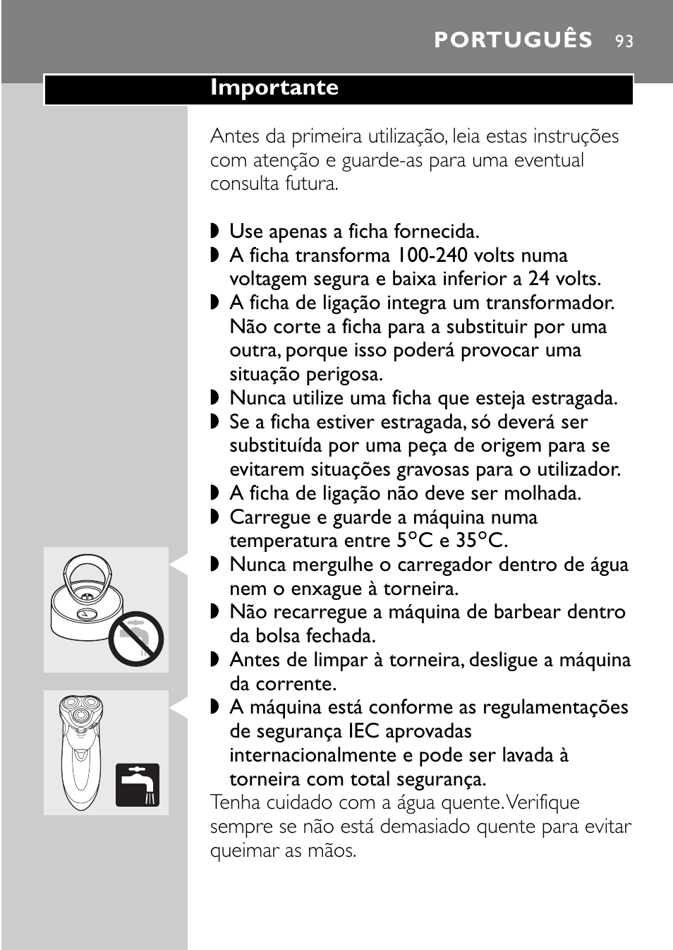 Português 93 | Philips Rasoir électrique User Manual | Page 91 / 120