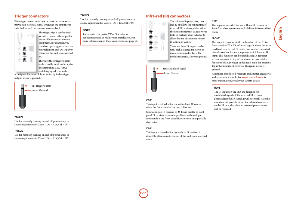 English trigger connectors, Infra-red (ir) connectors, E-11 | Arcam Handbook AVR surround	amplifier/AV	processor AVR600 User Manual | Page 13 / 74