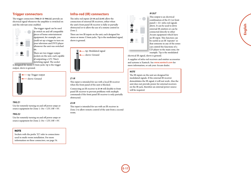 English trigger connectors, Infra-red (ir) connectors | Arcam Handbook AVR surround	amplifier/AV	processor AVR600 User Manual | Page 19 / 74