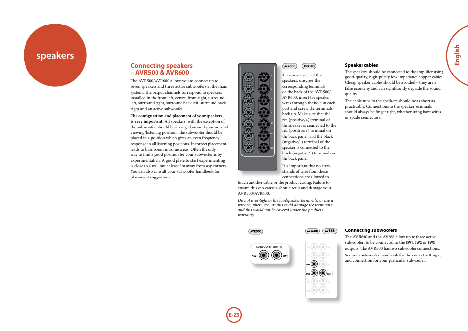 Speakers, English | Arcam Handbook AVR surround	amplifier/AV	processor AVR600 User Manual | Page 25 / 74