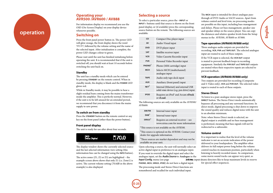 Operation, Switching on, Selecting a source | Arcam Handbook AVR surround	amplifier/AV	processor AVR600 User Manual | Page 27 / 74