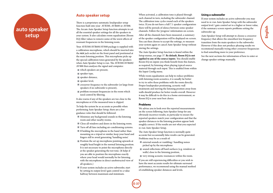 Auto speaker setup, English | Arcam Handbook AVR surround	amplifier/AV	processor AVR600 User Manual | Page 39 / 74