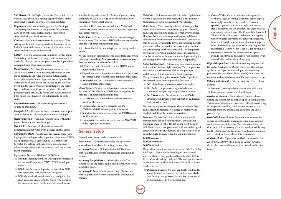 English, General setup | Arcam Handbook AVR surround	amplifier/AV	processor AVR600 User Manual | Page 43 / 74