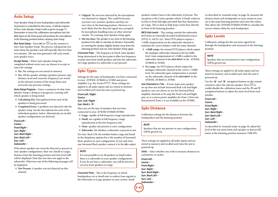Auto setup, Spkr types, Spkr distance | Spkr levels | Arcam Handbook AVR surround	amplifier/AV	processor AVR600 User Manual | Page 44 / 74