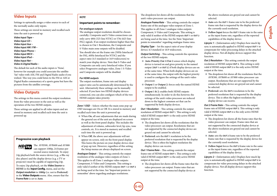 English video inputs, Video outputs | Arcam Handbook AVR surround	amplifier/AV	processor AVR600 User Manual | Page 45 / 74