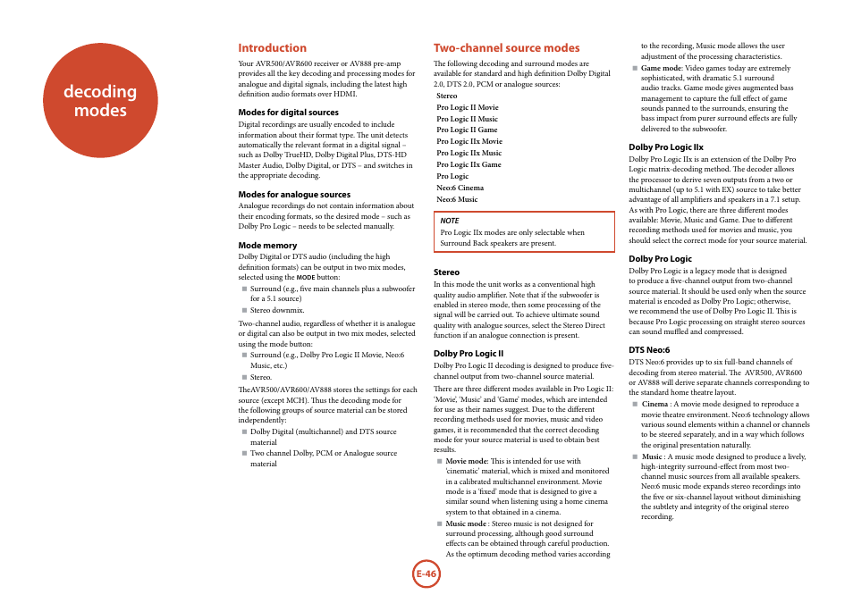 Decoding modes, Introduction, Two-channel source modes | Arcam Handbook AVR surround	amplifier/AV	processor AVR600 User Manual | Page 48 / 74