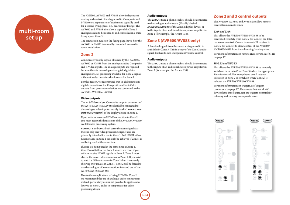 Multi-room set up, Zone 2 and 3 control outputs, Zone 2 | Arcam Handbook AVR surround	amplifier/AV	processor AVR600 User Manual | Page 56 / 74