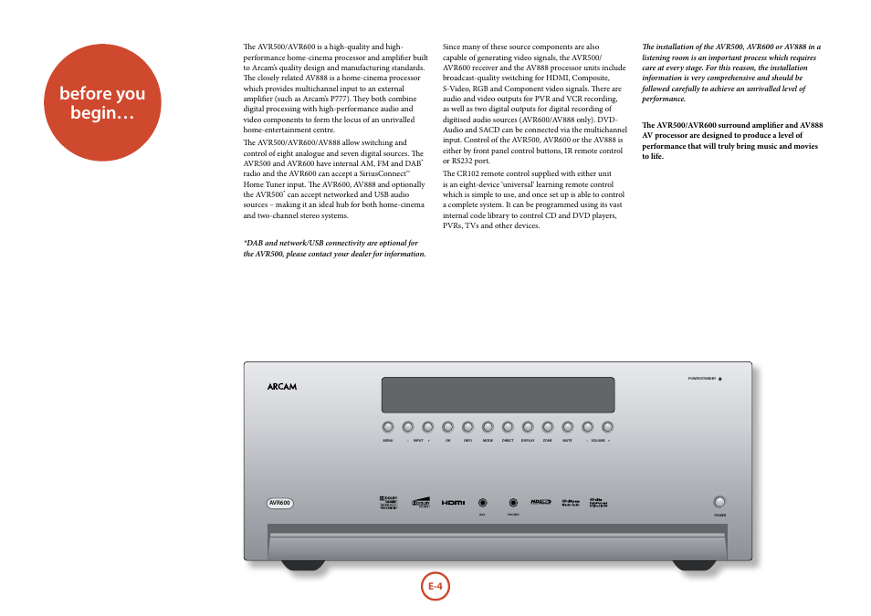 Before you begin | Arcam Handbook AVR surround	amplifier/AV	processor AVR600 User Manual | Page 6 / 74