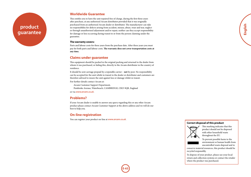Product guarantee | Arcam Handbook AVR surround	amplifier/AV	processor AVR600 User Manual | Page 65 / 74