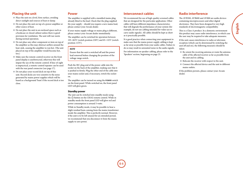 English placing the unit, Power, Interconnect cables | Radio interference | Arcam Handbook AVR surround	amplifier/AV	processor AVR600 User Manual | Page 7 / 74