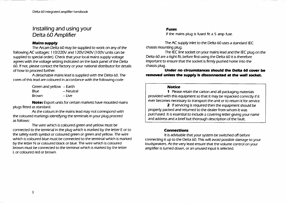 Installing and using your delta 60 amplifier, Mains supply, Fuses | Connections | Arcam Delta 60 User Manual | Page 3 / 12