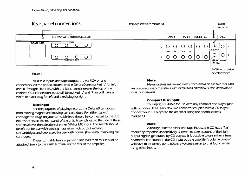 Rear panel connections, Disc input, Note | Compact disc input, 1 o o o | Arcam Delta 60 User Manual | Page 4 / 12