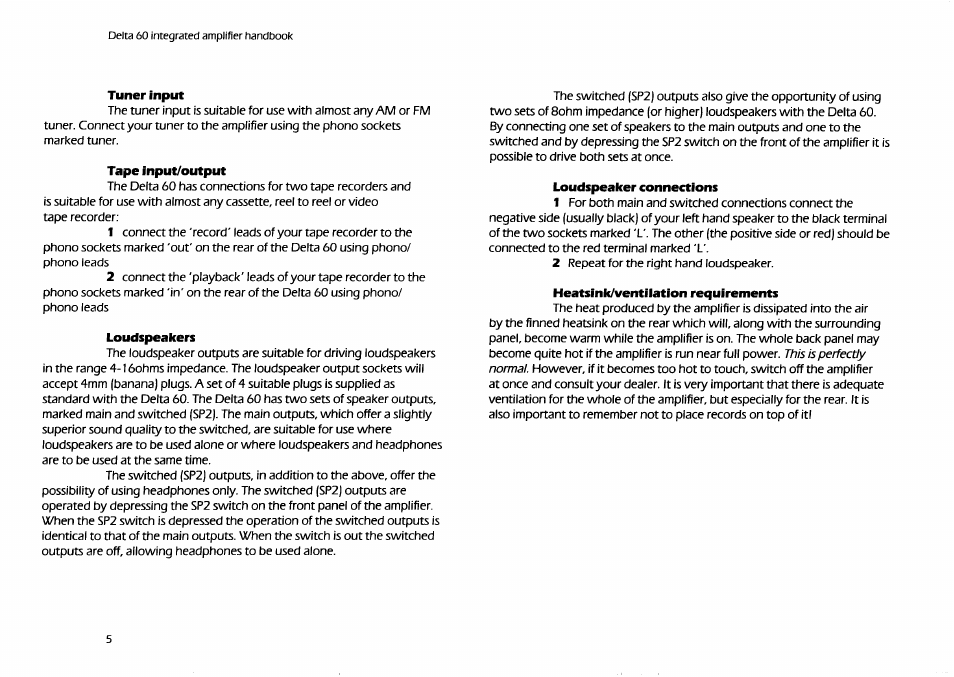 Tuner input, Tape input/output, Loudspeakers | Loudspeaker connections, Heatsink/ventilation requirements | Arcam Delta 60 User Manual | Page 5 / 12