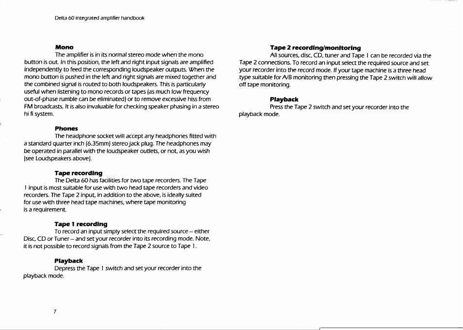 Mono, Tape 2 recording/monitoring, Playback | Phones, Tape recording, Tape 1 recording | Arcam Delta 60 User Manual | Page 7 / 12