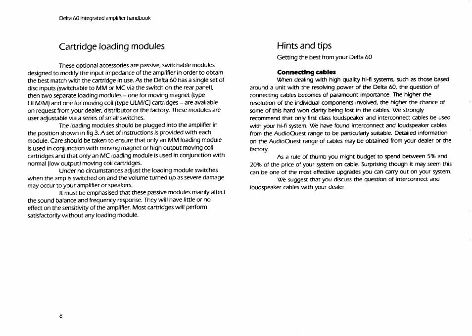 Cartridge loading modules, Hints and tips, Connecting cables | Arcam Delta 60 User Manual | Page 8 / 12