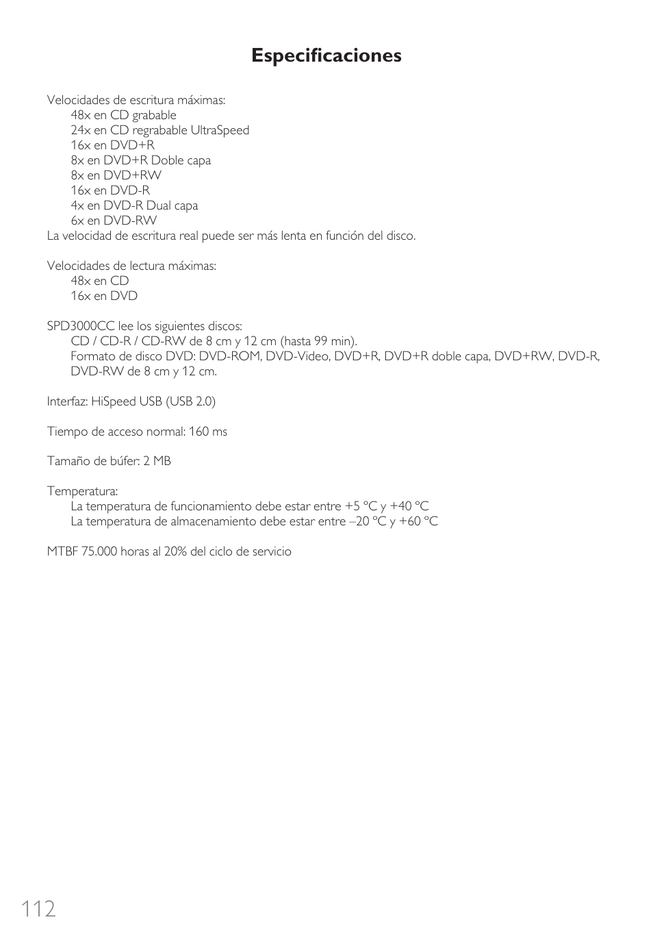 Especiﬁcaciones | Philips Graveur portable User Manual | Page 112 / 132