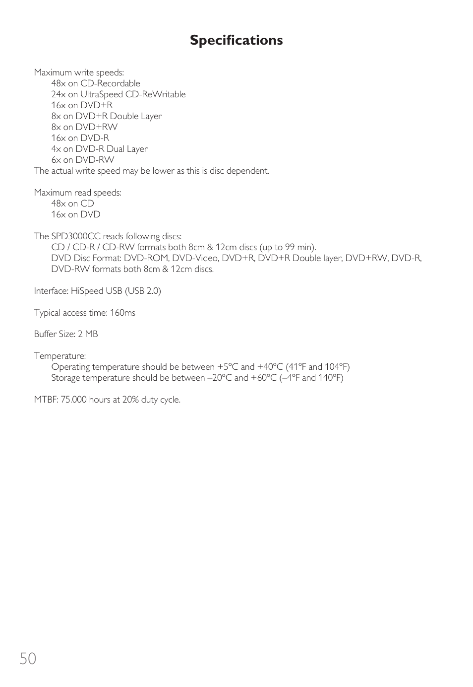 Speciﬁcations | Philips Graveur portable User Manual | Page 50 / 132