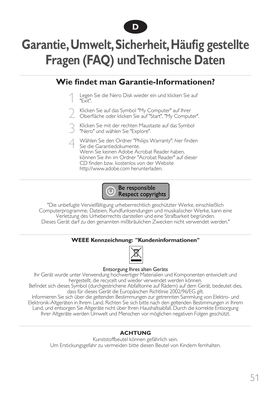 Wie ﬁndet man garantie-informationen | Philips Graveur portable User Manual | Page 51 / 132