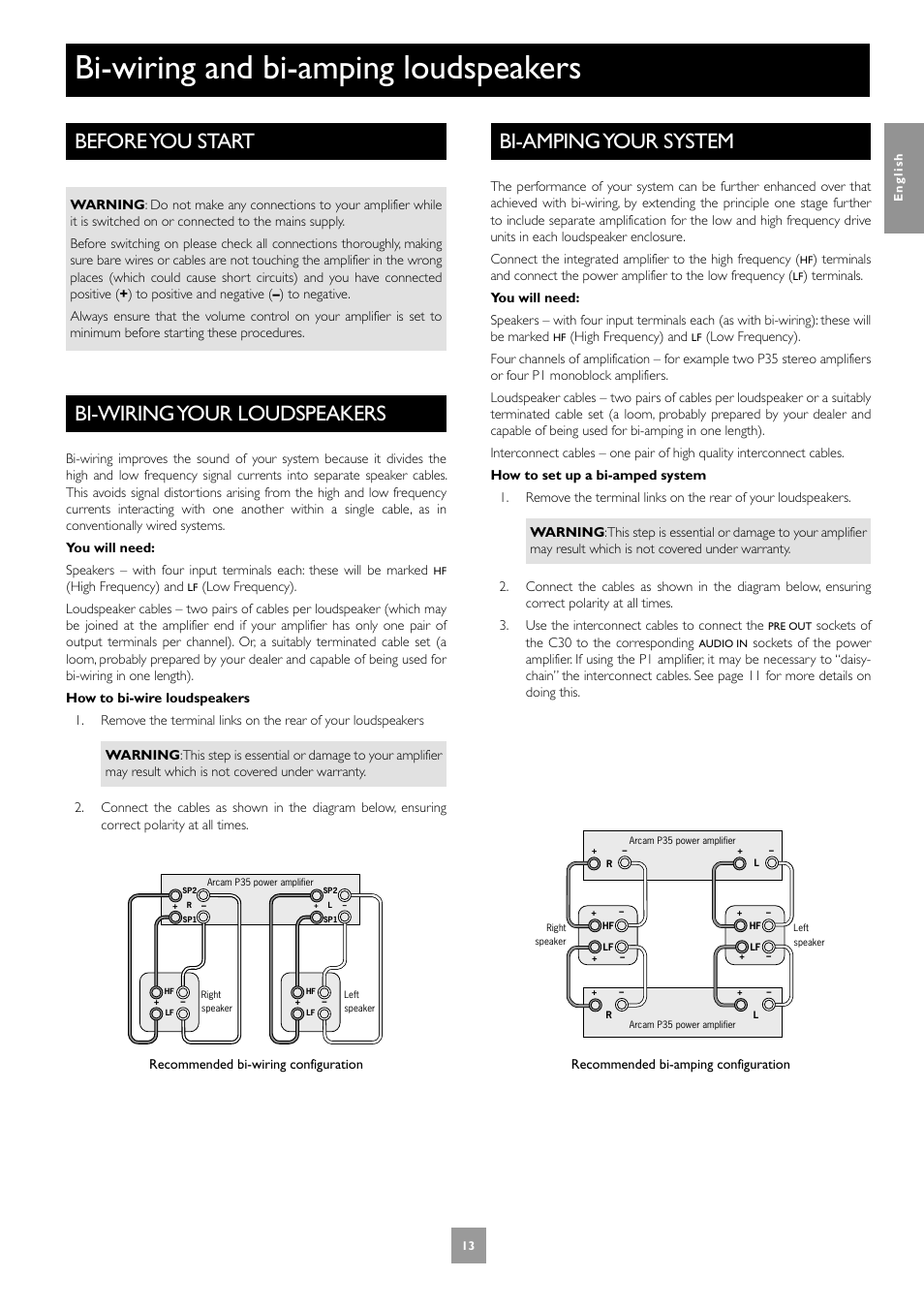 Bi-wiring and bi-amping loudspeakers, Before you start, Bi-wiring your loudspeakers | Bi-amping your system, 13 bi-wiring your loudspeakers, 13 bi-amping your system | Arcam P35 User Manual | Page 13 / 17