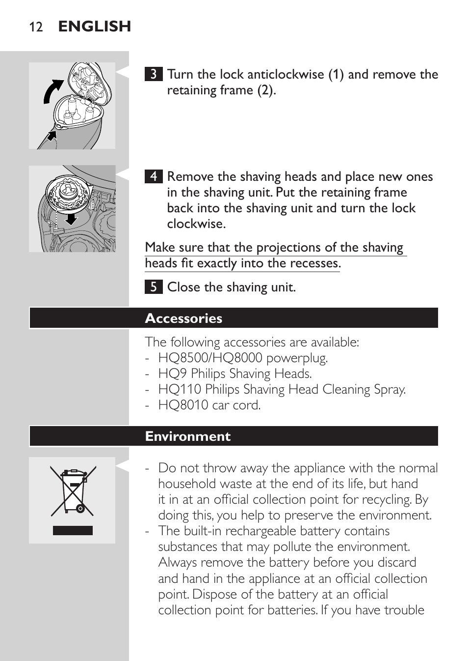 Accessories, Environment | Philips Rasoir électrique User Manual | Page 10 / 104
