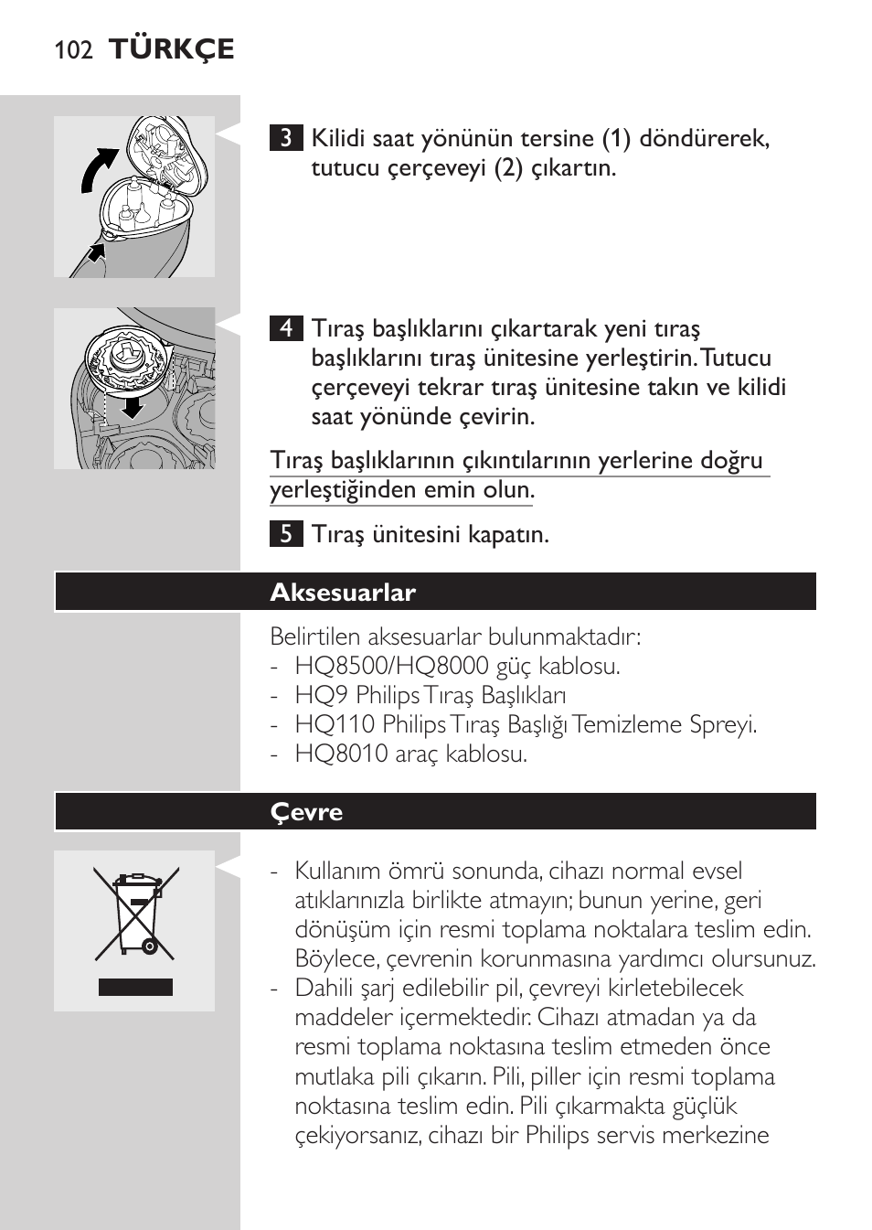 Aksesuarlar, Çevre | Philips Rasoir électrique User Manual | Page 100 / 104