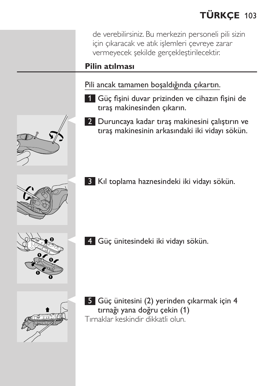 Pilin atılması | Philips Rasoir électrique User Manual | Page 101 / 104