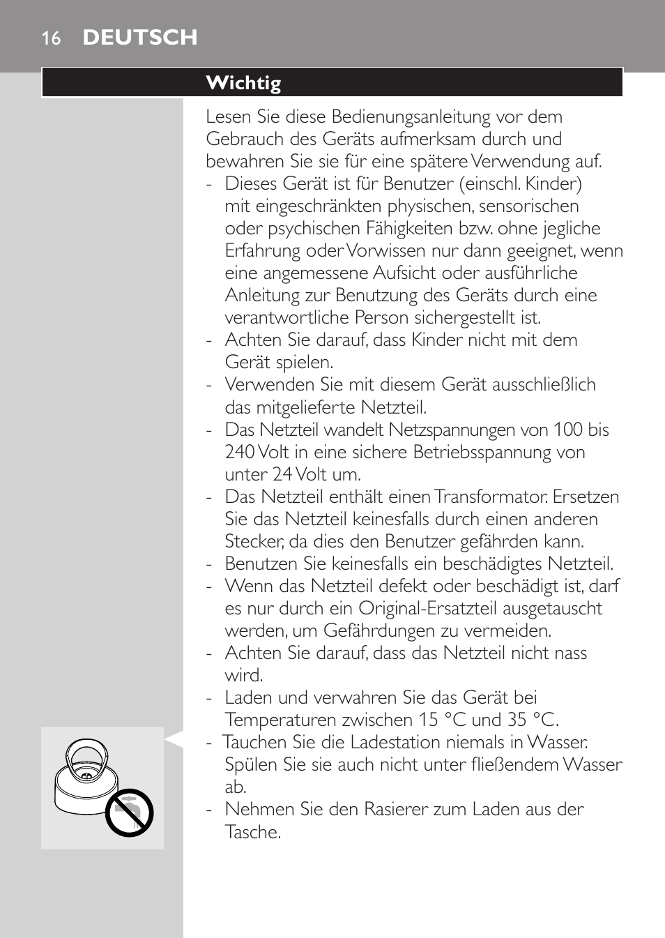 Deutsch, Wichtig | Philips Rasoir électrique User Manual | Page 14 / 104