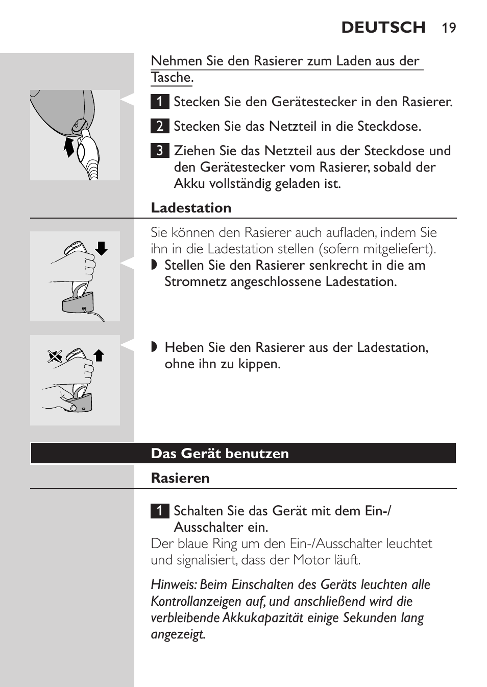 Ladestation, Das gerät benutzen, Rasieren | Philips Rasoir électrique User Manual | Page 17 / 104