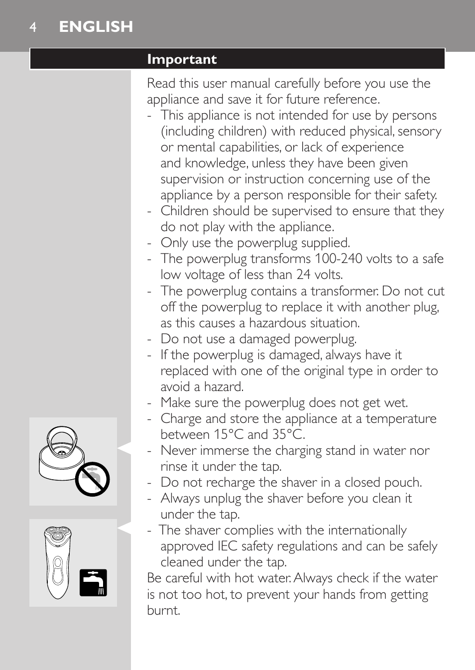 English, Important | Philips Rasoir électrique User Manual | Page 2 / 104