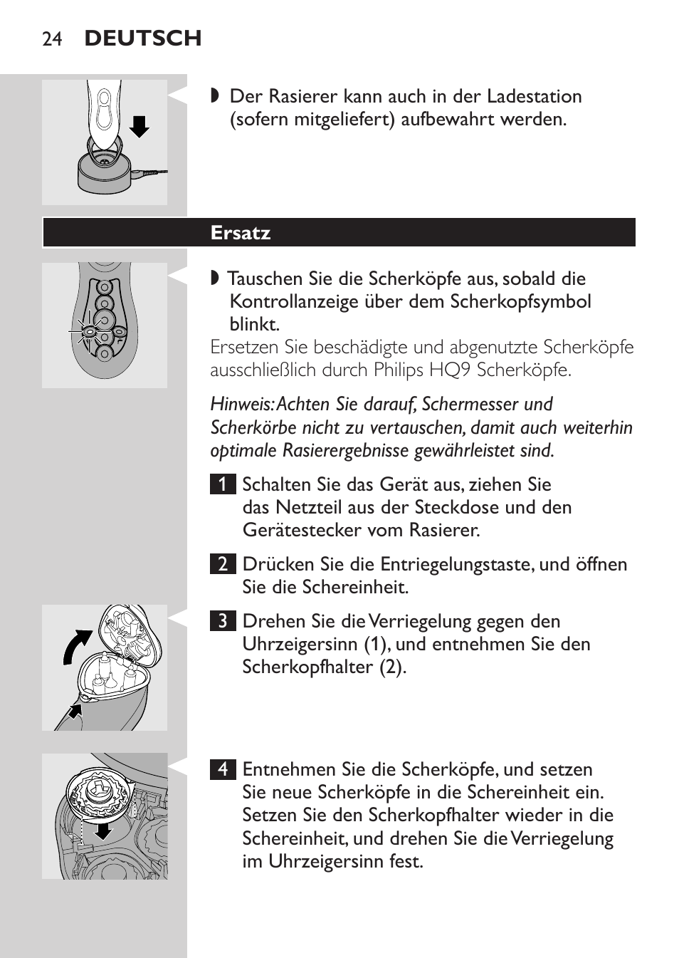 Langhaarschneider, Ladestation, Aufbewahrung | Philips Rasoir électrique User Manual | Page 22 / 104