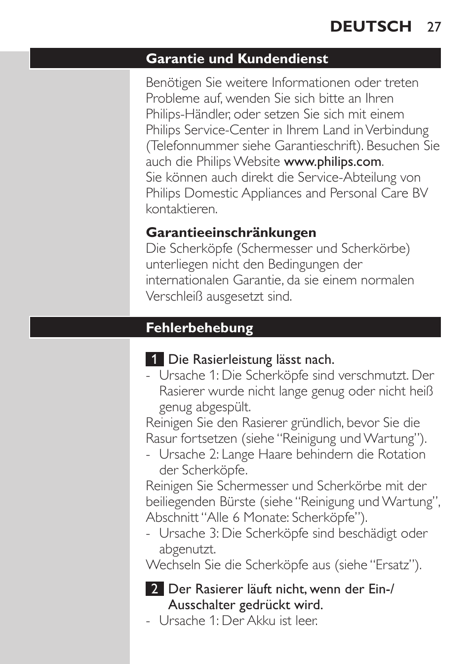 Garantieeinschränkungen, Garantie und kundendienst | Philips Rasoir électrique User Manual | Page 25 / 104