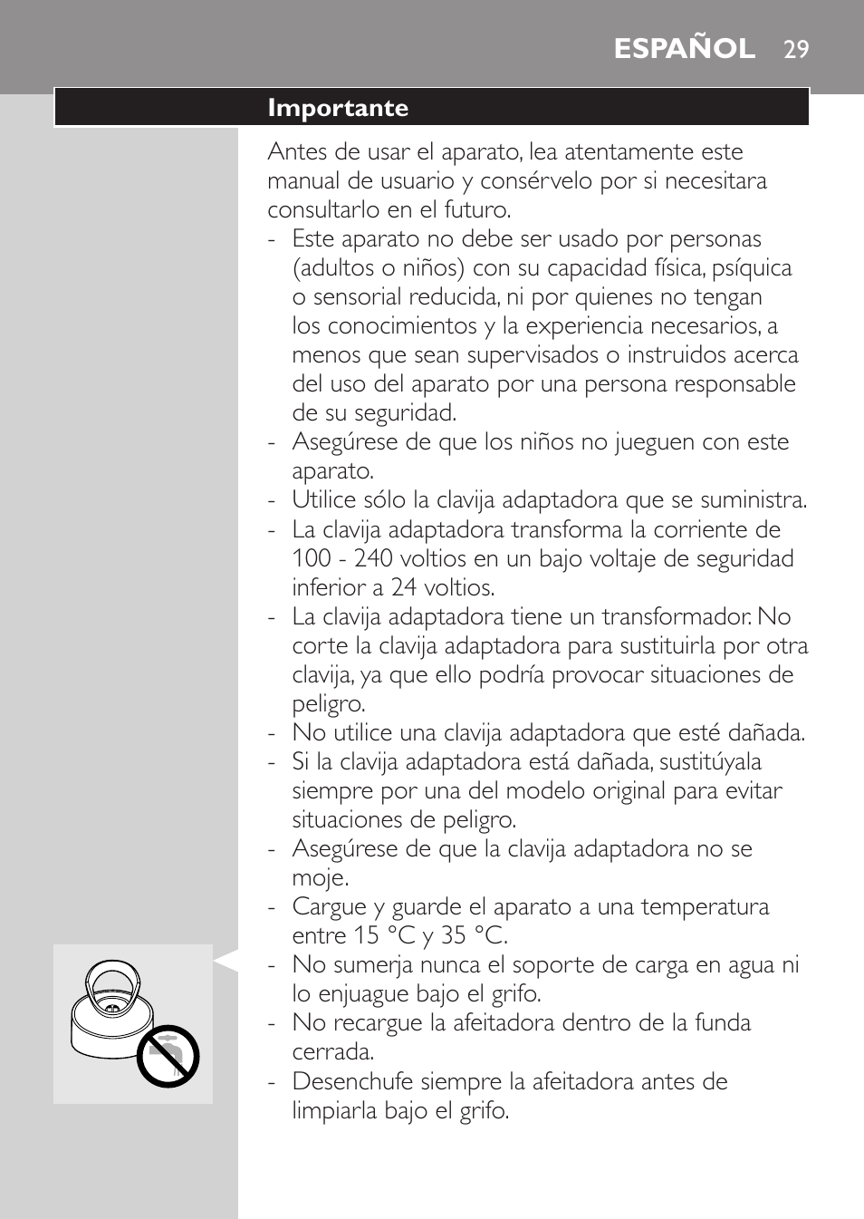 Español, Importante | Philips Rasoir électrique User Manual | Page 27 / 104