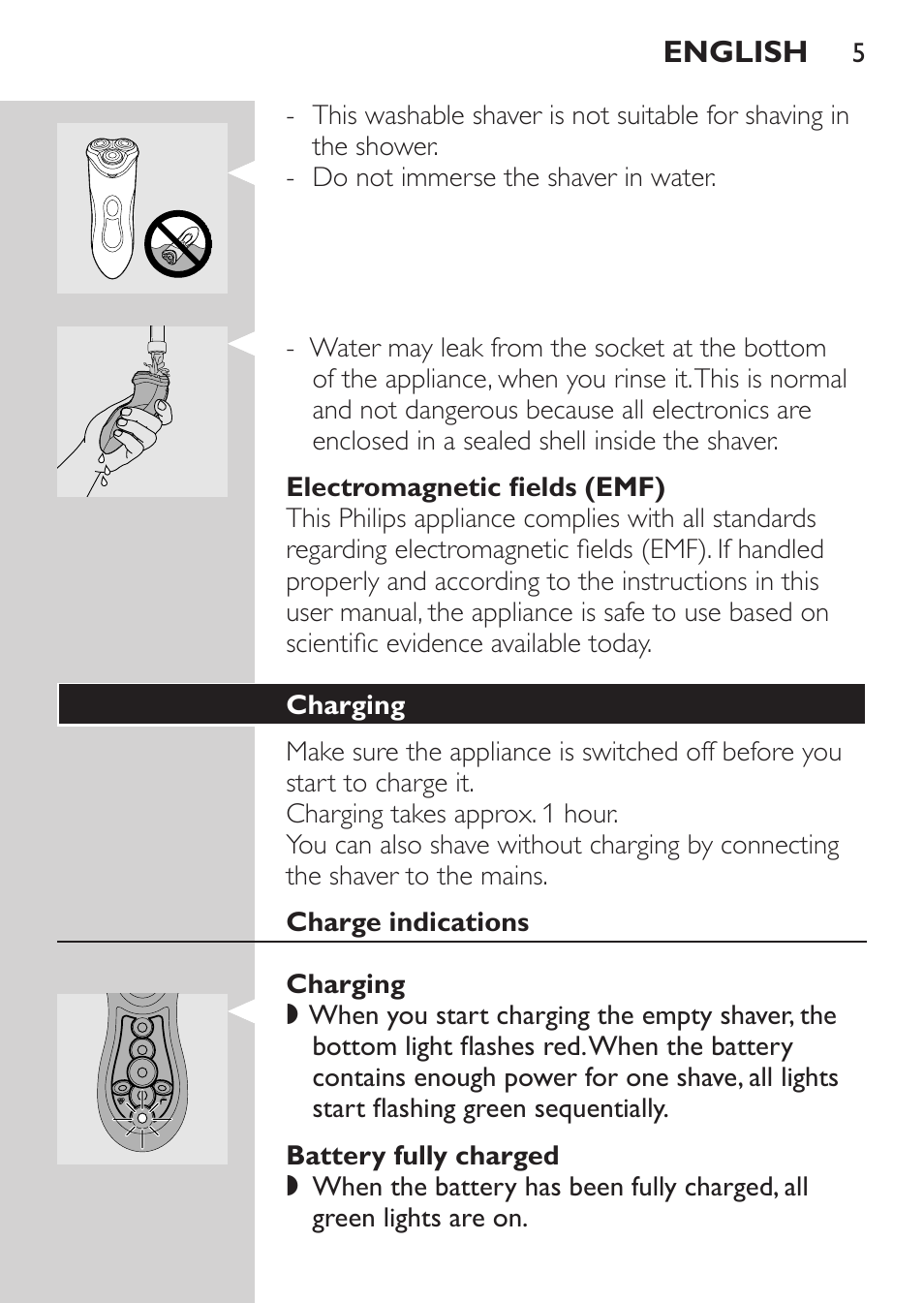 Electromagnetic fields (emf), Charging, Charge indications | Battery fully charged | Philips Rasoir électrique User Manual | Page 3 / 104