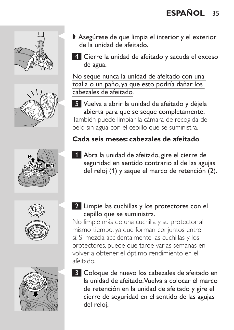 Cada seis meses: cabezales de afeitado | Philips Rasoir électrique User Manual | Page 33 / 104