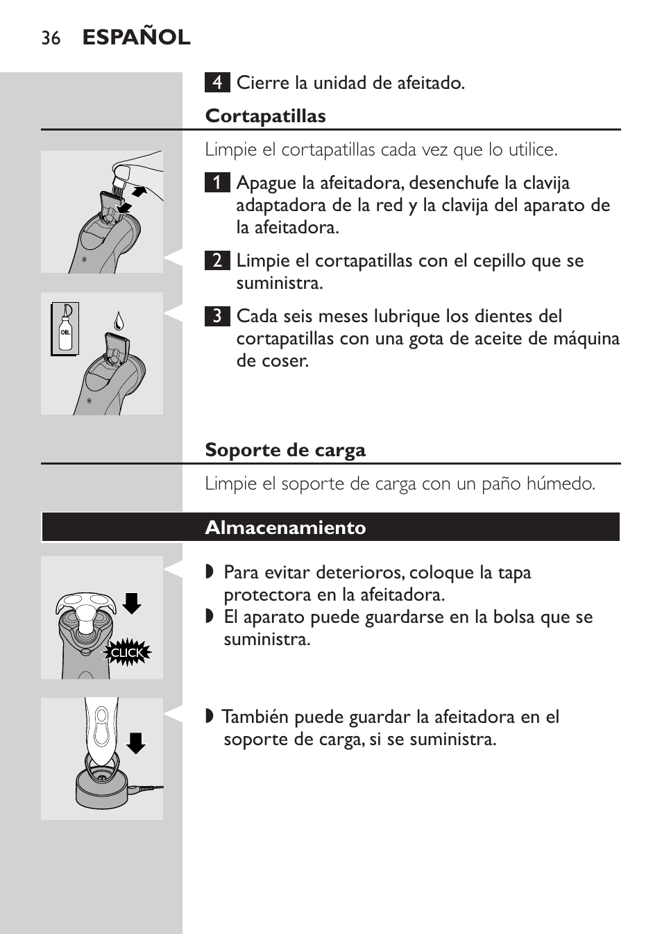 Cortapatillas, Soporte de carga, Almacenamiento | Philips Rasoir électrique User Manual | Page 34 / 104