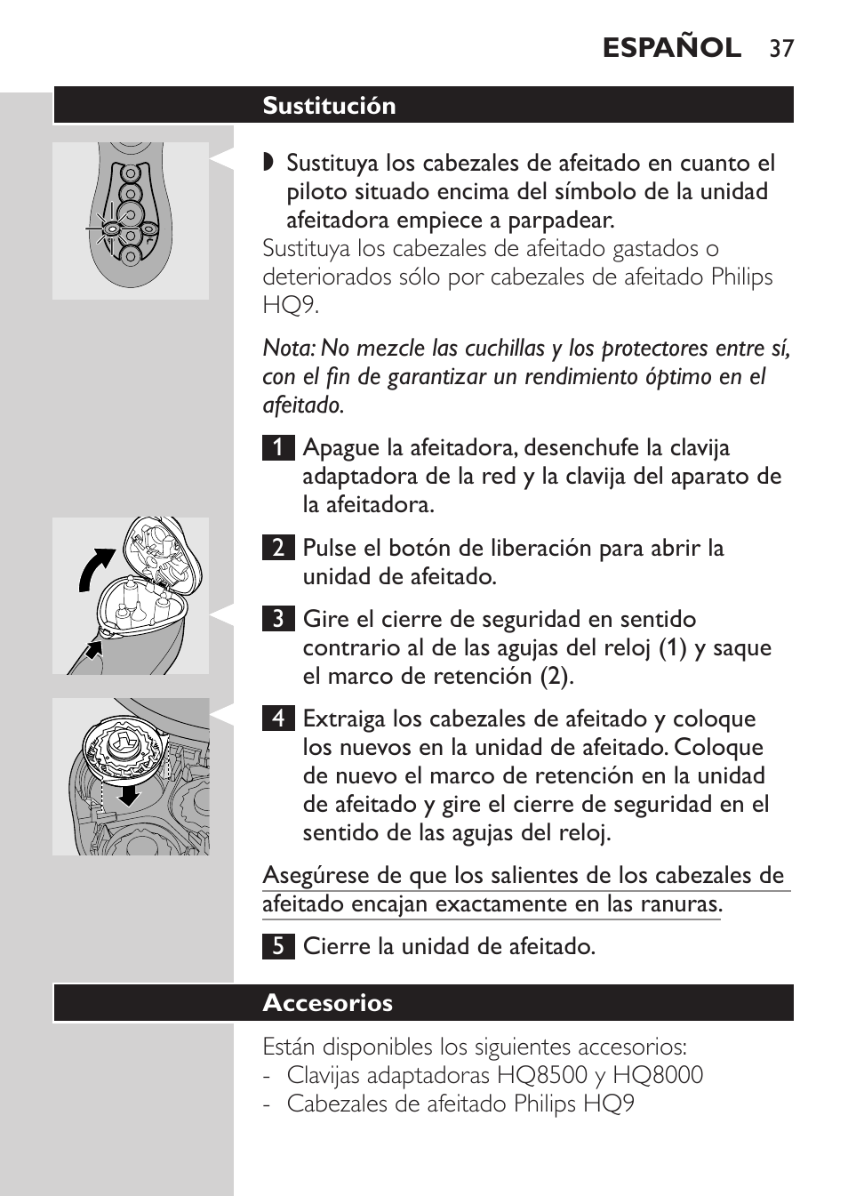 Sustitución, Accesorios | Philips Rasoir électrique User Manual | Page 35 / 104