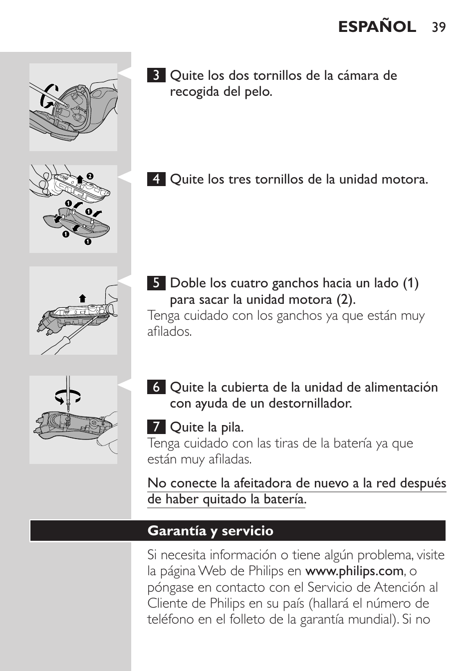 Garantía y servicio | Philips Rasoir électrique User Manual | Page 37 / 104