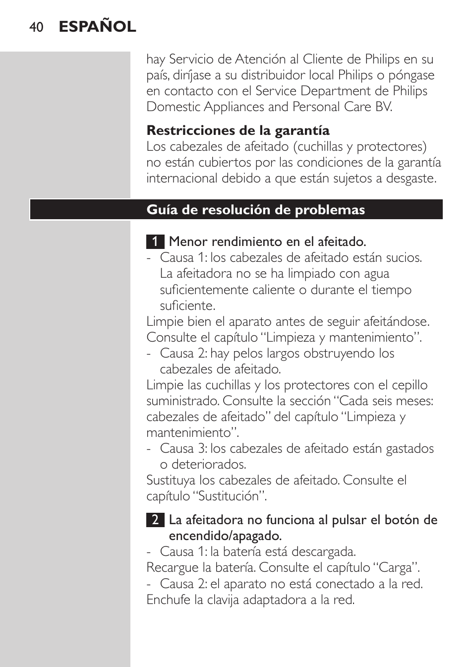 Restricciones de la garantía, Guía de resolución de problemas | Philips Rasoir électrique User Manual | Page 38 / 104