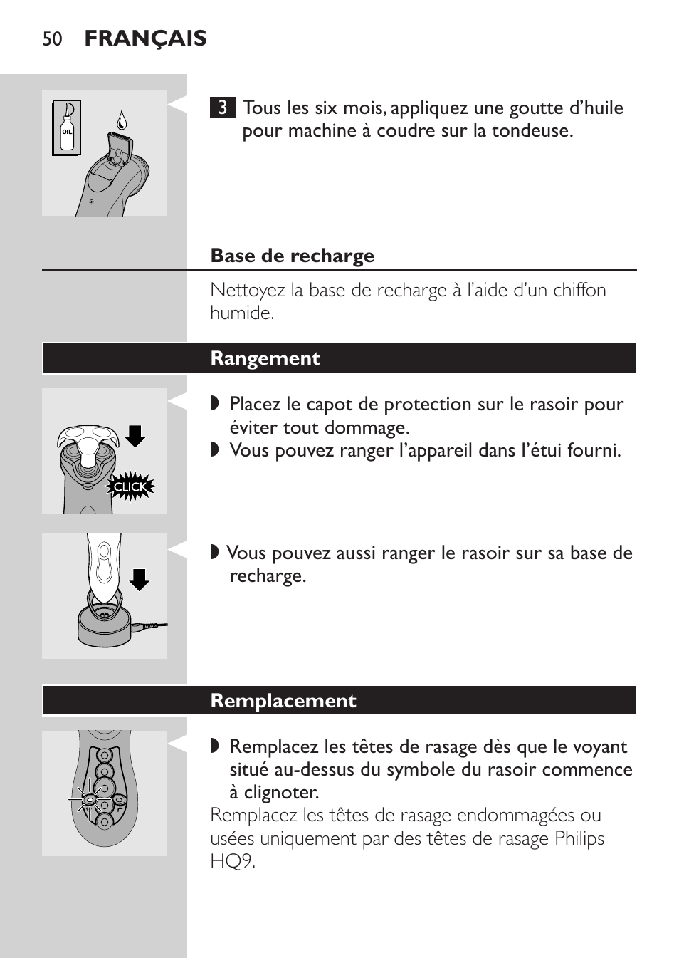 Base de recharge, Rangement, Remplacement | Philips Rasoir électrique User Manual | Page 48 / 104