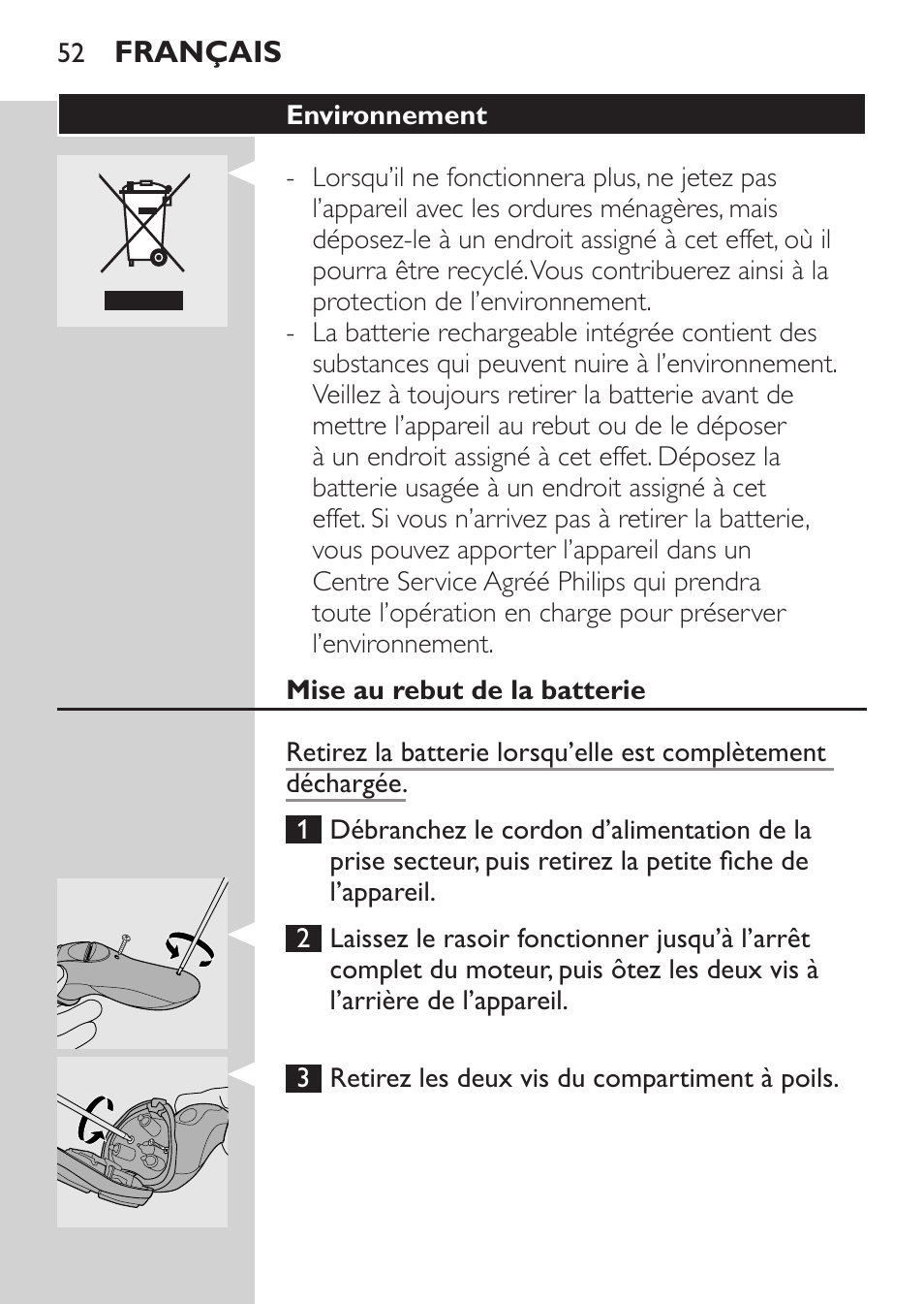 Mise au rebut de la batterie | Philips Rasoir électrique User Manual | Page 50 / 104