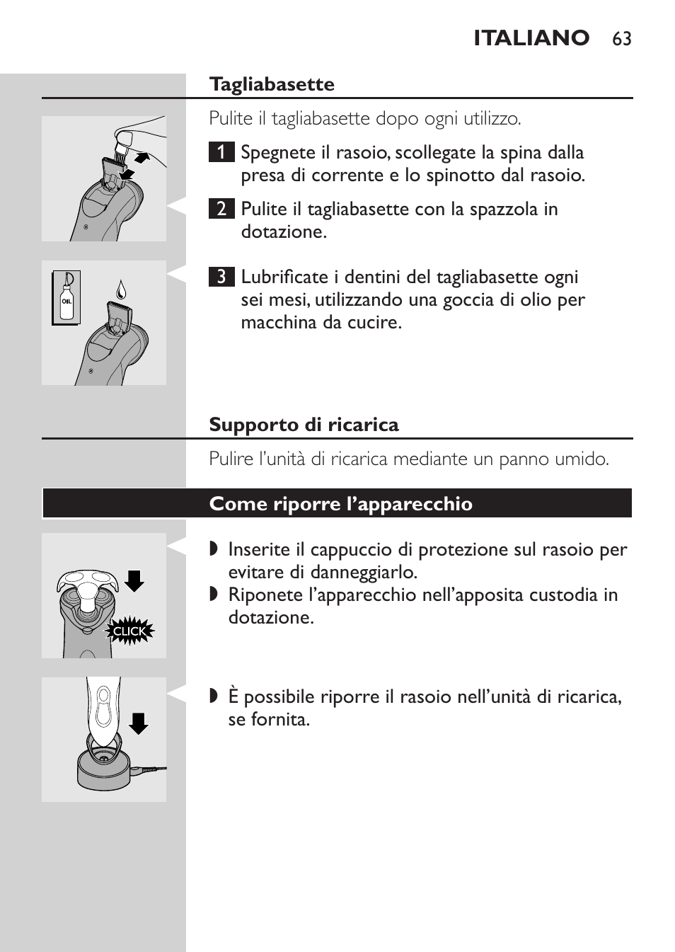 Tagliabasette, Supporto di ricarica, Come riporre l’apparecchio | Philips Rasoir électrique User Manual | Page 61 / 104